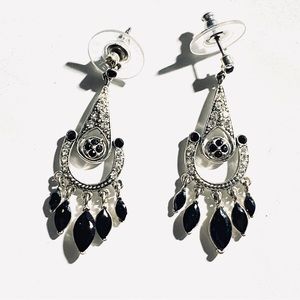 Monet Art Deco Style Silver & Black Crystal Rhinestone Chandelier Earrings